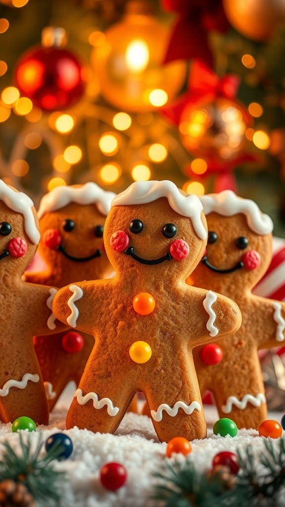 Gingerbread man wallpaper design with colorful icing and candy decorations in a festive holiday setting.